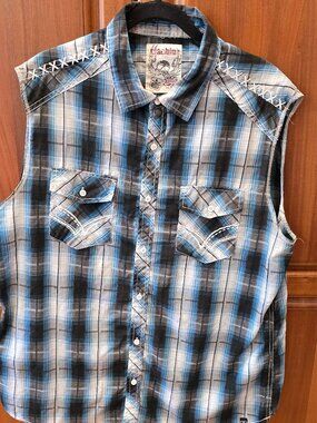 Machine Custom Co. Men's Multi Plaid Sleeveless Button Front Shirt Sz XXL